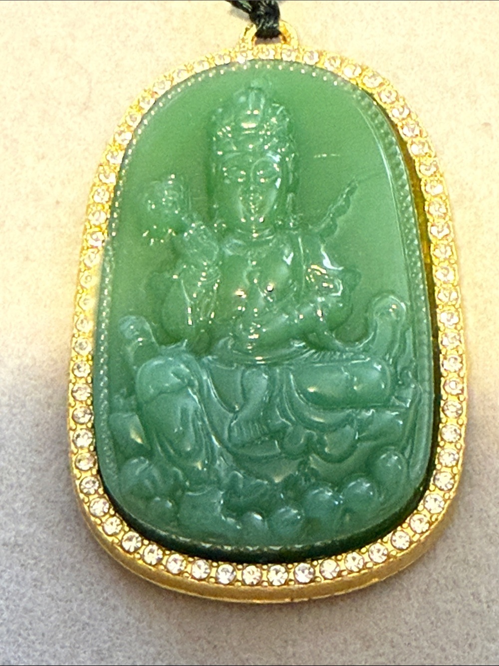 Green Glass Jade Buddha Amulet Pendant with Gold Trim - Picture 2 of 7